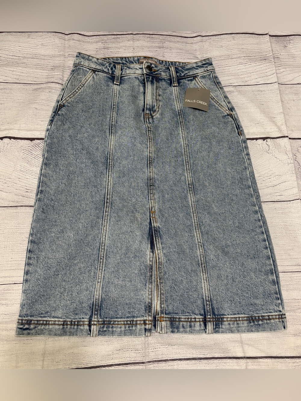 Falls Creek Womens Denim Midi Skirt NWT Size 4 Acid Wash Front Slit